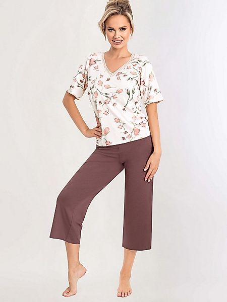 Donna Capri-Pyjama 3/4 Schlafanzug mit Rosen-Druck (2 tlg) Damen Kurzarm Py günstig online kaufen