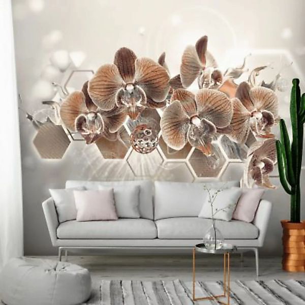 artgeist Fototapete Flowers and Hexagons (Grey) mehrfarbig Gr. 250 x 175 günstig online kaufen