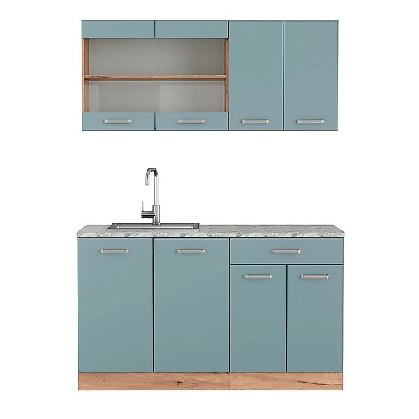 Vicco R-Line Singleküche Blau-Grau/Goldkraft Eiche 140 cm AP Marmor günstig online kaufen