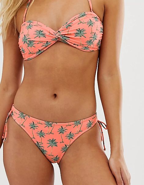 Oasis – Bikinihose mit seitlicher Schnürung und Palmenprint-Rosa günstig online kaufen