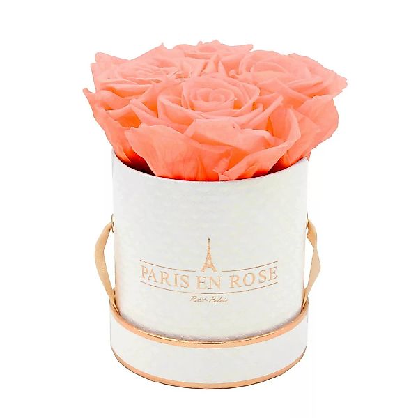 Rosenbox Ø 10 cm Weiß-Roségold Deluxe mit 4 Apricot Rosen günstig online kaufen