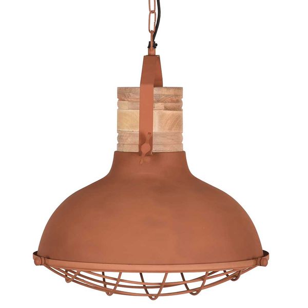 Pendelleuchte in Rostfarben Metall und Massivholz günstig online kaufen