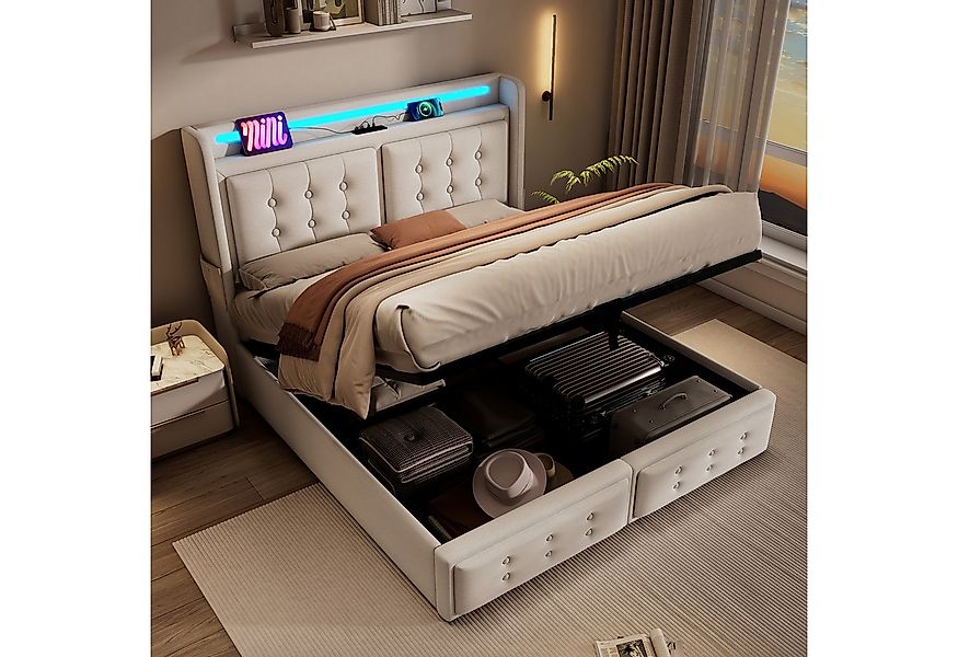 Flieks Polsterbett, LED Doppelbett 140x200cm mit Ladefunktion und hydraulis günstig online kaufen