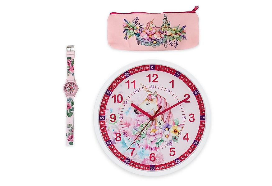 K&L Wall Art Wanduhr Geschenke-Set Mädchen Rosa Einhorn Armbanduhr Lernuhr günstig online kaufen