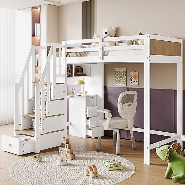 Flieks Hochbett Kinderbett 90x200cm mit Stauraumtreppe günstig online kaufen