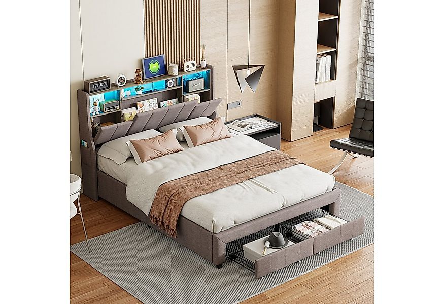 PXloue Polsterbett LED Doppelbett Stauraumbett, Ladefunktion, Lattnenrost, günstig online kaufen