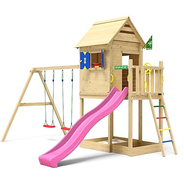 Jungle Gym Spielturm Holz Hideout mit Dach 2 Schaukeln Fensterl. Rutsche Fu günstig online kaufen