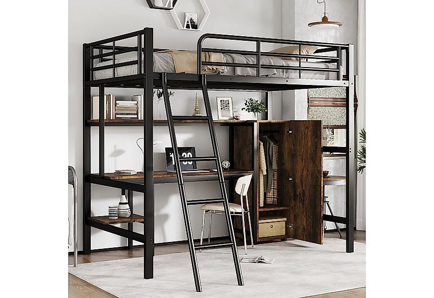 Merax Hochbett (1-St) Etagenbett 90x200cm mit Kleiderschrank, Schreibtisch, günstig online kaufen