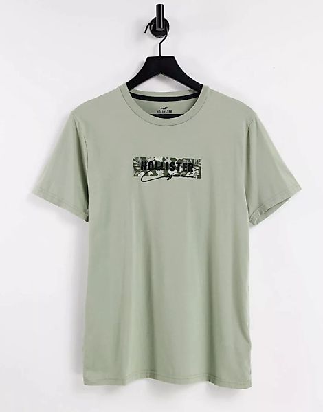 Hollister – Tech – T-Shirt in Olivgrün mit Brust- und Rückenlogo-Weiß günstig online kaufen