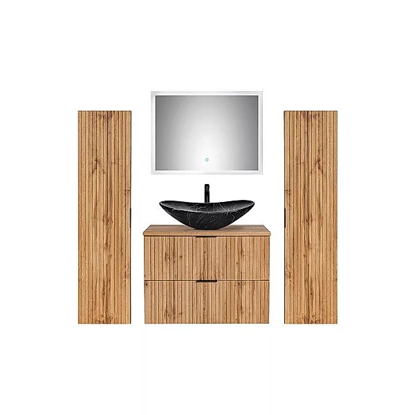 Badezimmermöbel-Set Wotaneiche mit Rillenoptik 80 cm Waschtisch-Unterschran günstig online kaufen
