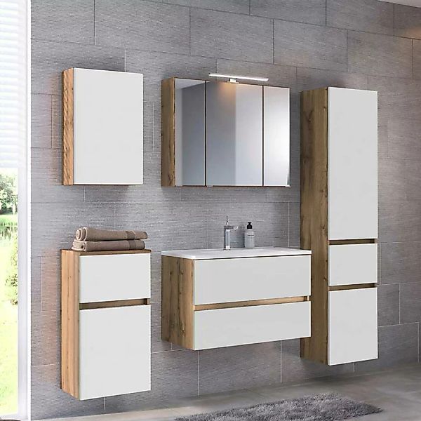 Möbel Kombination für Badezimmer Weiß und Wildeiche Optik (fünfteilig) günstig online kaufen
