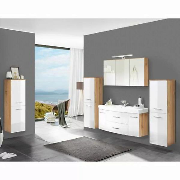 Lomadox Badmöbel Komplett Set mit 120cm Waschtisch FLORIDO-03-OAK weiß Hoch günstig online kaufen