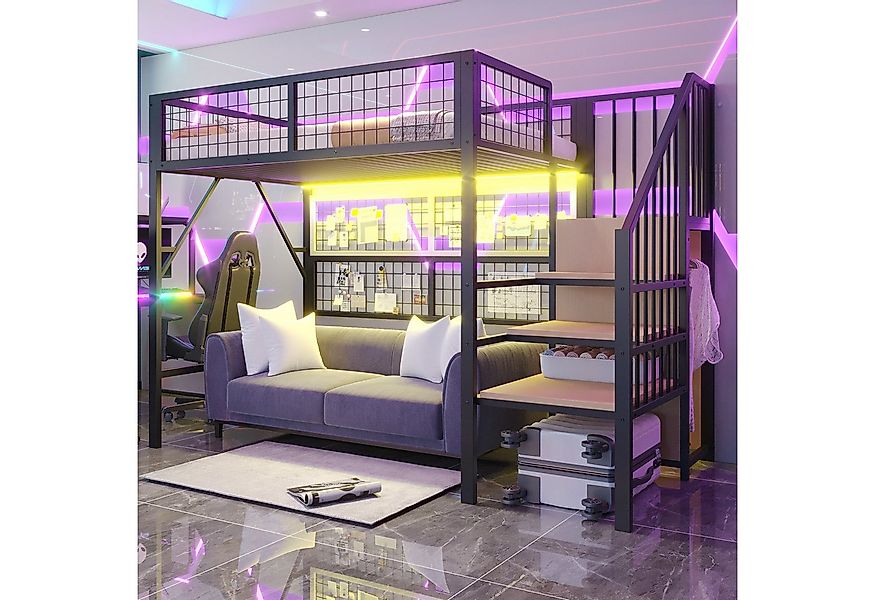 Merax Hochbett (Kinderbett Jugendbett Eisenbett, 1-St., App-gesteuerte LED- günstig online kaufen