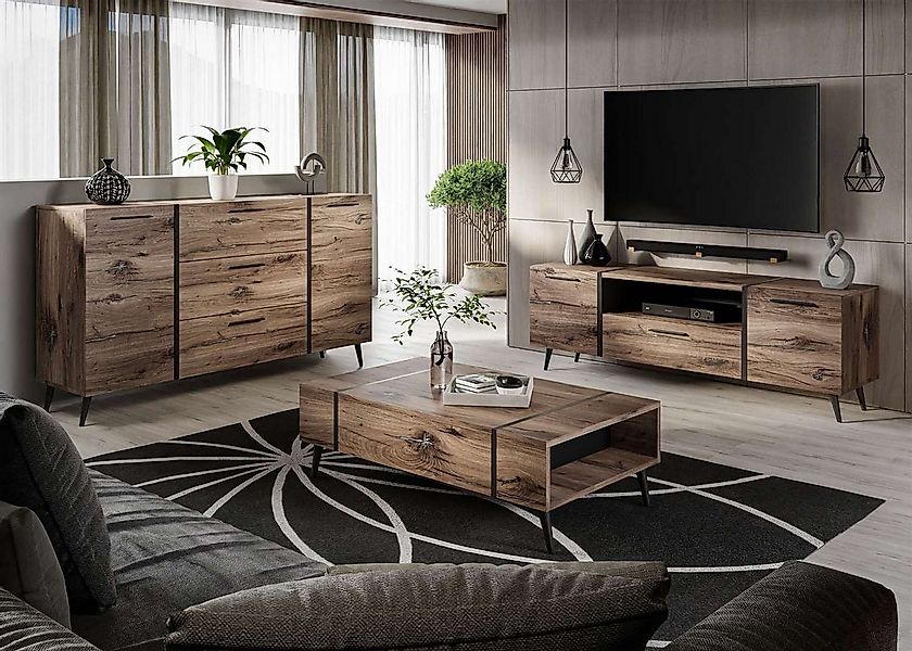 ALLHOUSE24 Wohnzimmer-Set Flagstaff Eiche LOFT Kommode Couchtisch TV Schran günstig online kaufen
