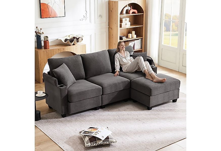 Merax Ecksofa L-förmiges modulares Sofa mit Schlaffunktion, USB und Type C, günstig online kaufen