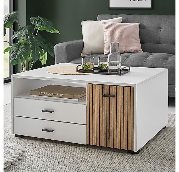 Lomadox Couchtisch HUNTER-61, Wohnzimmertisch weiß matt Eiche Rillen 90x43x günstig online kaufen