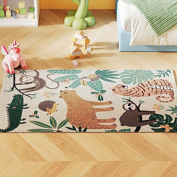 HOMCOM Teppich Anti-Rutsch Wohnzimmerteppich Kurzflor mit Dschungel-Muster, günstig online kaufen