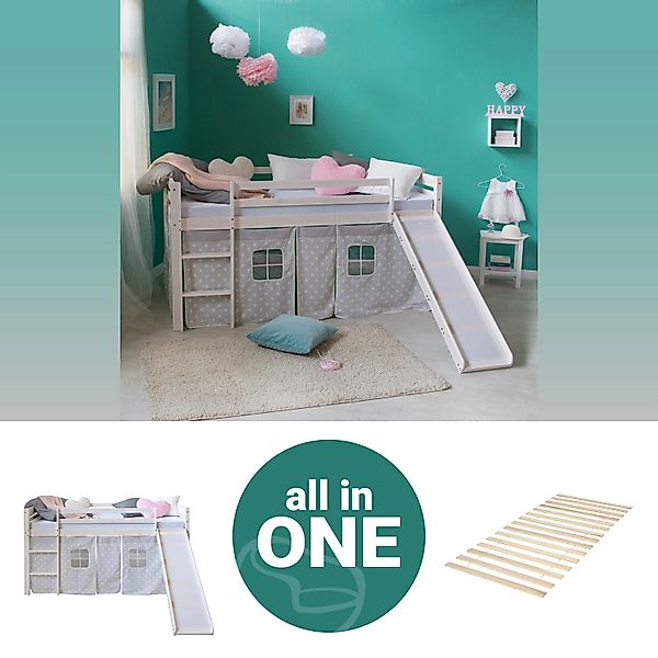 Homestyle4u Hochbett 90x200 Weiß mit Lattenrost und Rutsche 2767 günstig online kaufen