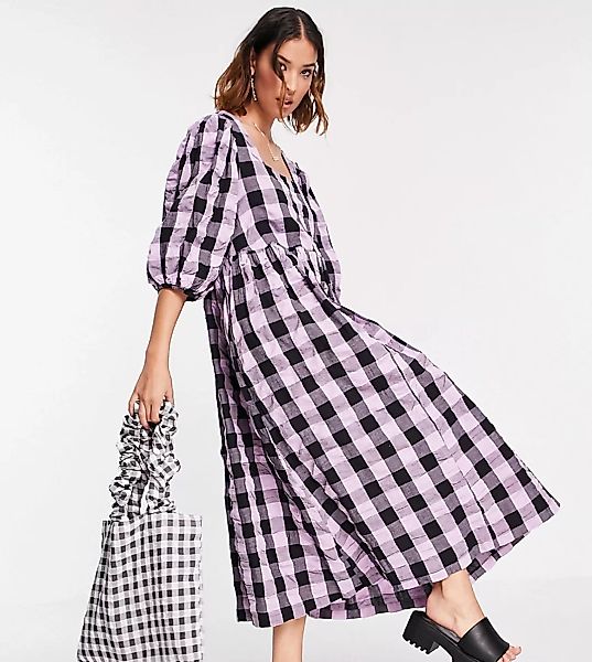 COLLUSION – Gesmoktes Midi-Gartenkleid mit Oversize-Passform und Vichy-Karo günstig online kaufen