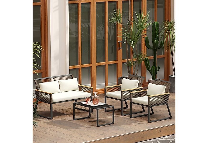 Outsunny Sitzgruppe 4 Personen, mit 2er Sofa, 2 Stühle, Glastisch, Kissen, günstig online kaufen
