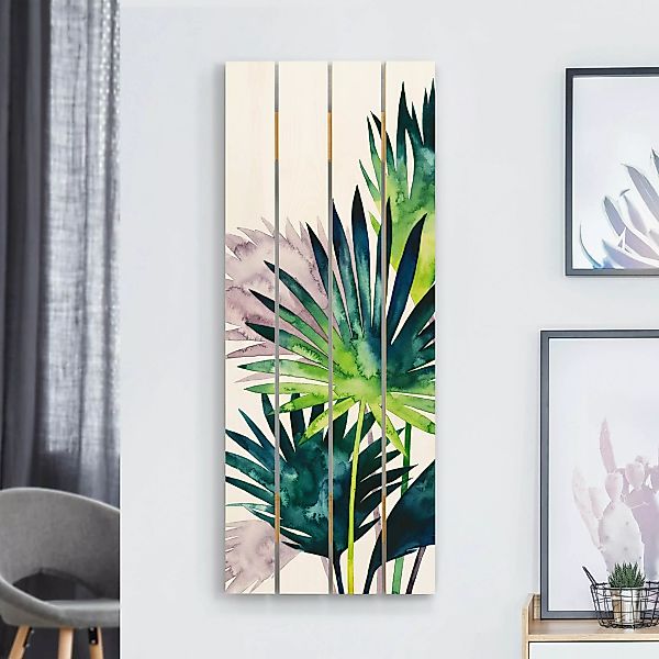 Holzbild Plankenoptik Blumen - Hochformat Exotisches Blattwerk - Fächerpalm günstig online kaufen