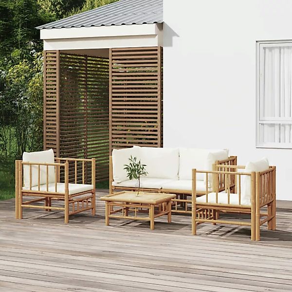Vidaxl 5-tlg. Garten-lounge-set Mit Cremeweißen Kissen Bambus günstig online kaufen