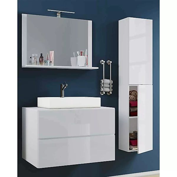 Badezimmermöbel in Weiss mit Spiegel inklusive Keramikbecken (dreiteilig) günstig online kaufen