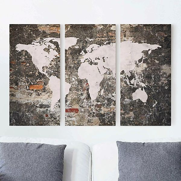 3-teiliges Leinwandbild Weltkarte - Querformat Alte Mauer Weltkarte günstig online kaufen