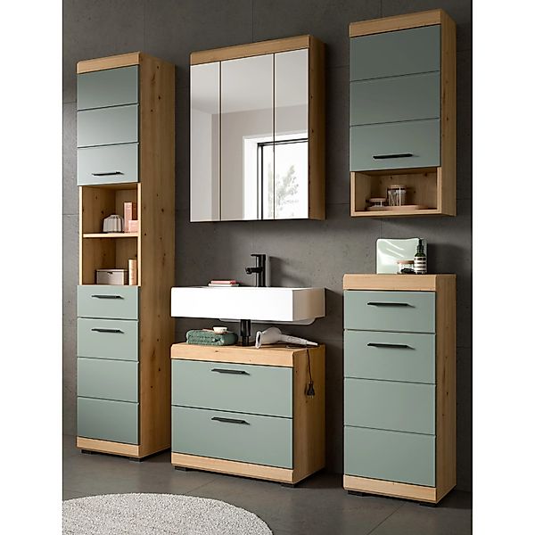 Inn.Furn Badmöbel Set in Grün und Eiche 5-teilig 164 cm Shawn günstig online kaufen
