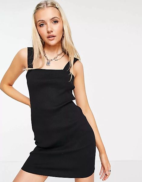 ASOS DESIGN – Geripptes Bodycon-Kleid in Schwarz mit eckigem Ausschnitt günstig online kaufen
