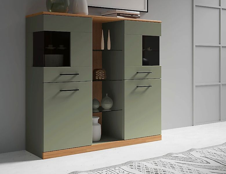 Home affaire Highboard "Ribe,120cm breit,112cm hoch,Oberplatte massiv,12 Fä günstig online kaufen