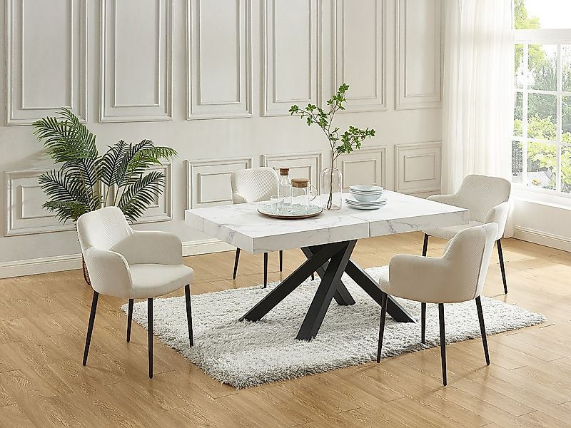 Esstisch ausziehbar - 6 bis 10 Personen - MDF & Metall - Marmor-Optik Weiß günstig online kaufen