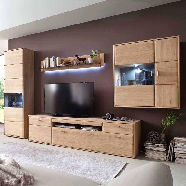 Wohnzimmer Wohnwand aus Eiche Bianco 330 cm breit (vierteilig) günstig online kaufen