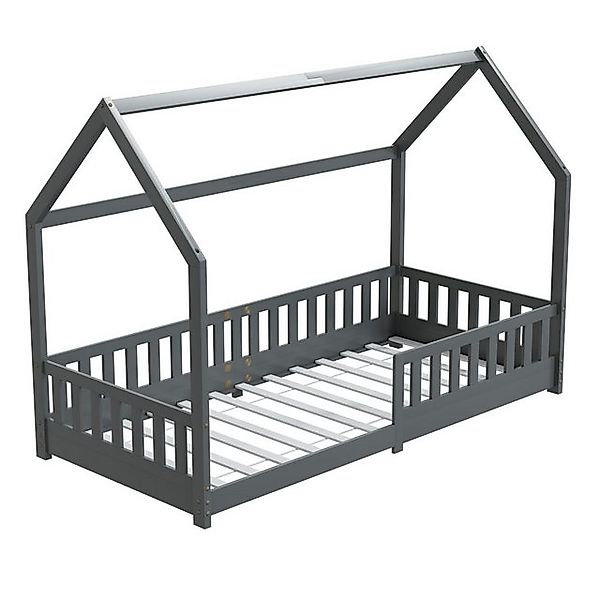 HAGO Kinderbett 90x200cm Grau Hausbett Dach Rausfallschutz Massivholz Kiefe günstig online kaufen