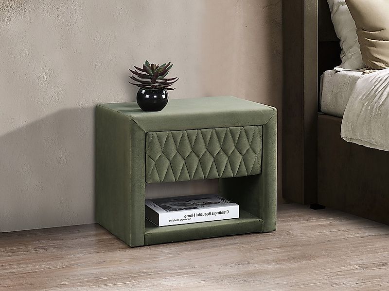 2er-Set Nachttische DANIELE – 1 Schublade & 1 Ablage – Samt – Olivgrün günstig online kaufen