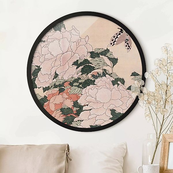 Rundes Gerahmtes Bild Katsushika Hokusai - Rosa Pfingstrosen mit Schmetterl günstig online kaufen