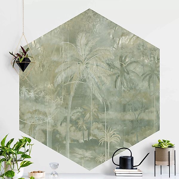 Hexagon Tapete selbstklebend Vintage Palmen mit Struktur günstig online kaufen