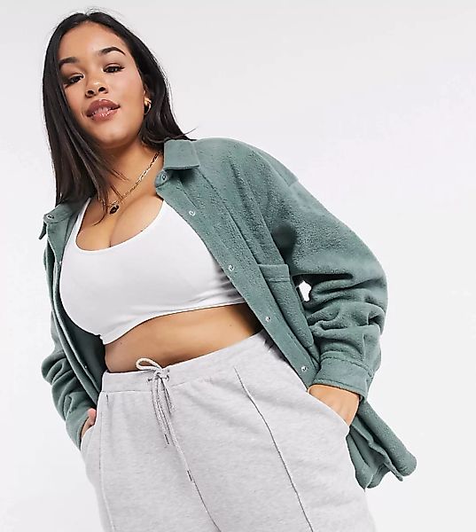 ASOS DESIGN Curve – Oversize-Hemdjacke aus Fleece-Grün günstig online kaufen