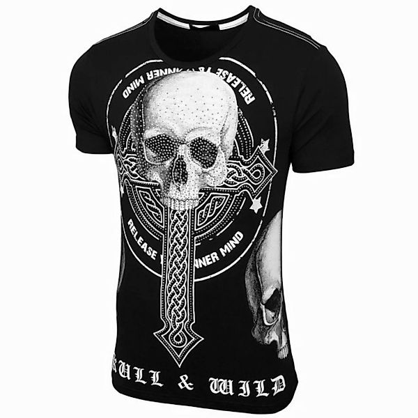 Baxboy T-Shirt Baxboy Herren Totenkopf Kurzarm T-Shirt mit Strass Steinen D günstig online kaufen