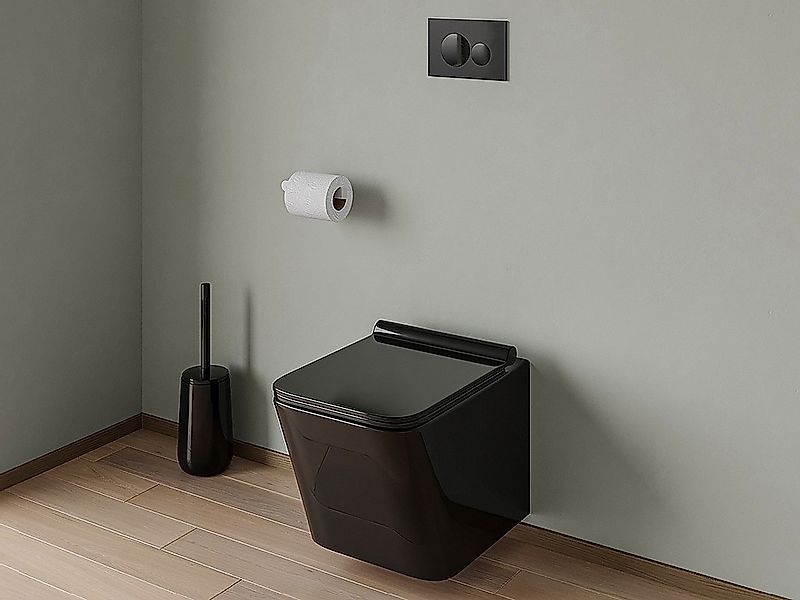 Sparset - Wand-WC - Schwarz glänzende Keramik mit Trägergestell & runder Be günstig online kaufen