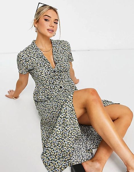 Envii – Naples – Midi-Hemdkleid mit mehrfarbigem Blümchenmuster günstig online kaufen