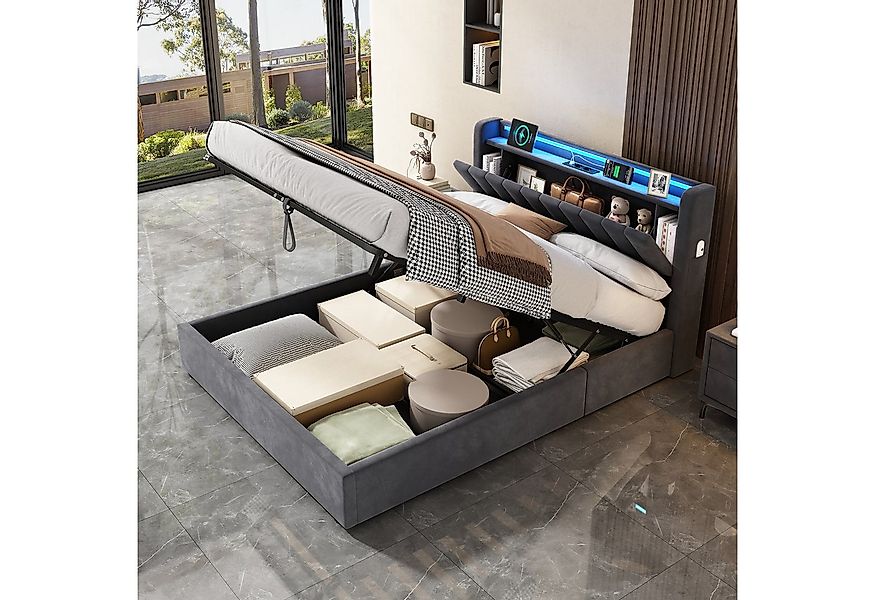 REDOM Polsterbett Hydraulisches Bett mit LED-Beleuchtung & USB-Ladestation günstig online kaufen