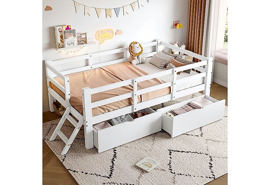Merax Kinderbett Holz-Plattformbett 90x200cm mit Schutzgeländer & 2 Schubla günstig online kaufen