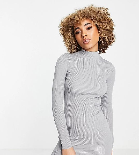 Missguided – Hochgeschlossenes, geripptes Minikleid in Grau aus recyceltem günstig online kaufen