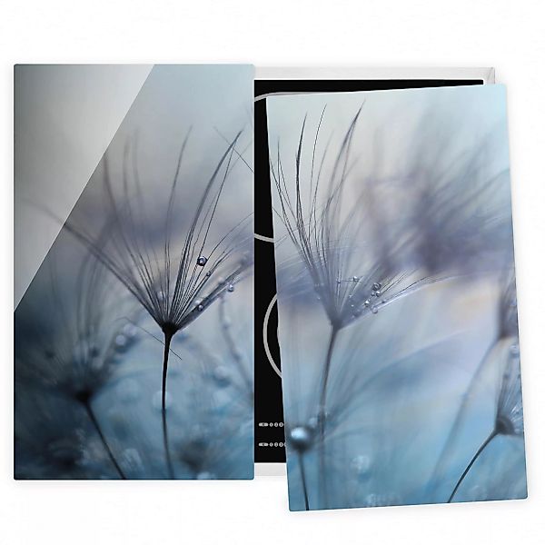 2-teilige Herdabdeckplatte Glas Blaue Federn im Regen günstig online kaufen