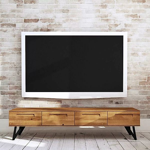 TV Lowboard aus Wildeiche Massivholz und Stahl vier Schubladen günstig online kaufen