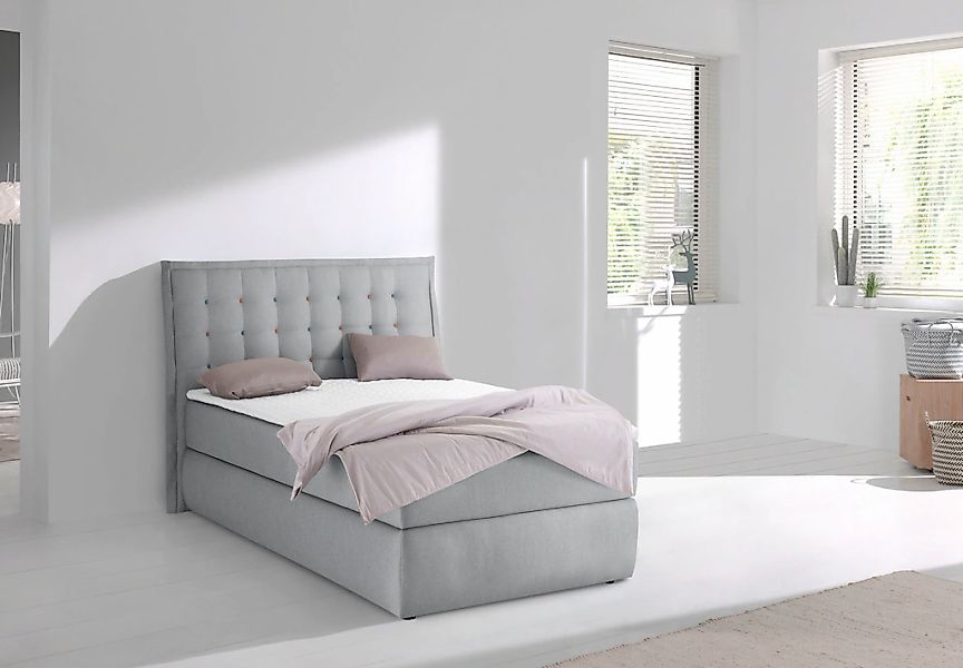 Home affaire Boxspringbett "Sagres" Kopfteil mit 2farbiger Flatterbiese und günstig online kaufen