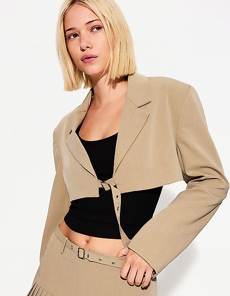 Bershka Cropped-Blazer Damen L Sandfarbe günstig online kaufen