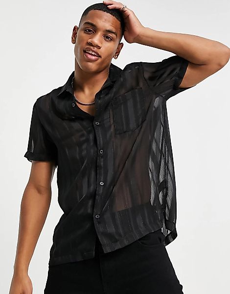 Topman – Hemd mit Reverskragen und Streifen in Ausbrenner-Optik in Schwarz günstig online kaufen