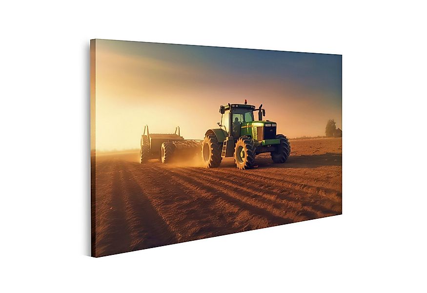 islandburner Leinwandbild Grüner Traktor Feld Sonnenuntergang Bilder günstig online kaufen